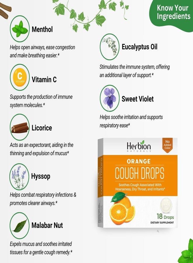 HERBION Naturals Cough Drops with Natural Orange Flavor, Dietary Supplement, Soothes Cough, for Adults and Children Over 6 Years, 18 Drops, Pack of 6, 108 Lozenges - Image 3